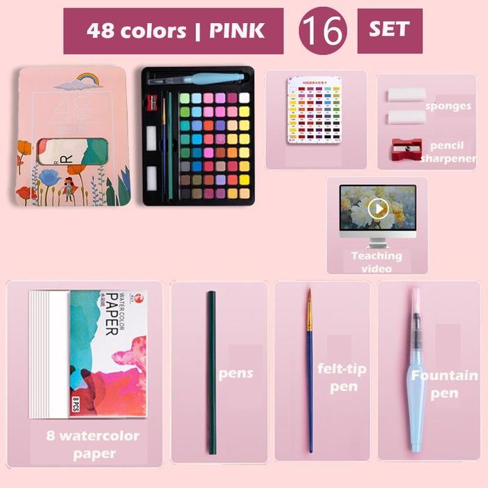 

best -【COD】Cat Air Warna 48 Warna /Alat Cat Air Warna Per Set / 48 Watercolor Set( Sudah Termasuk Kuas Dan Kertas Lukis) Stationery - 48colors pink