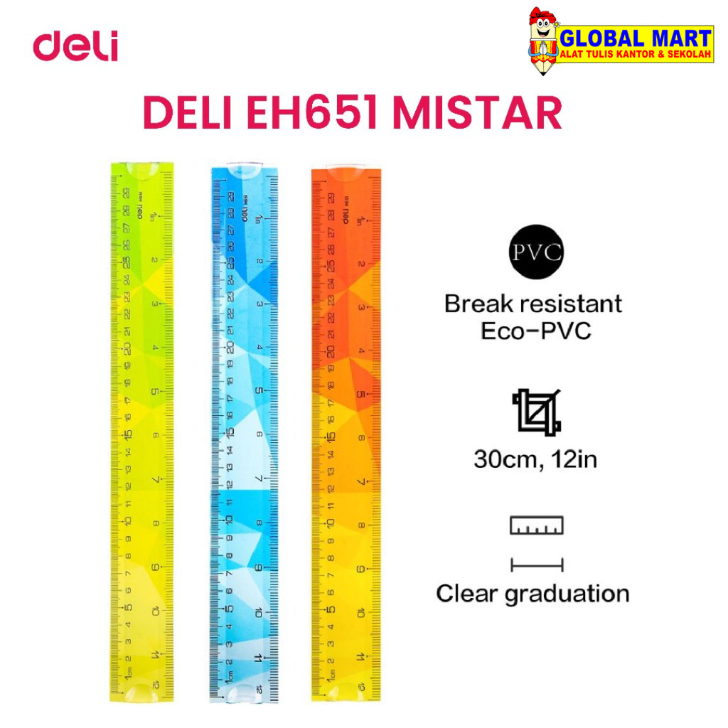 

Penggaris Deli EH651 - Mistar Anti Patah PVC Transparan 30cm Warna Cerah