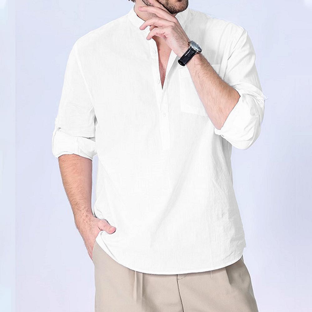 Kemeja Henley         lengan panjang pria warna solid kemeja pantai katun kasual  Cina