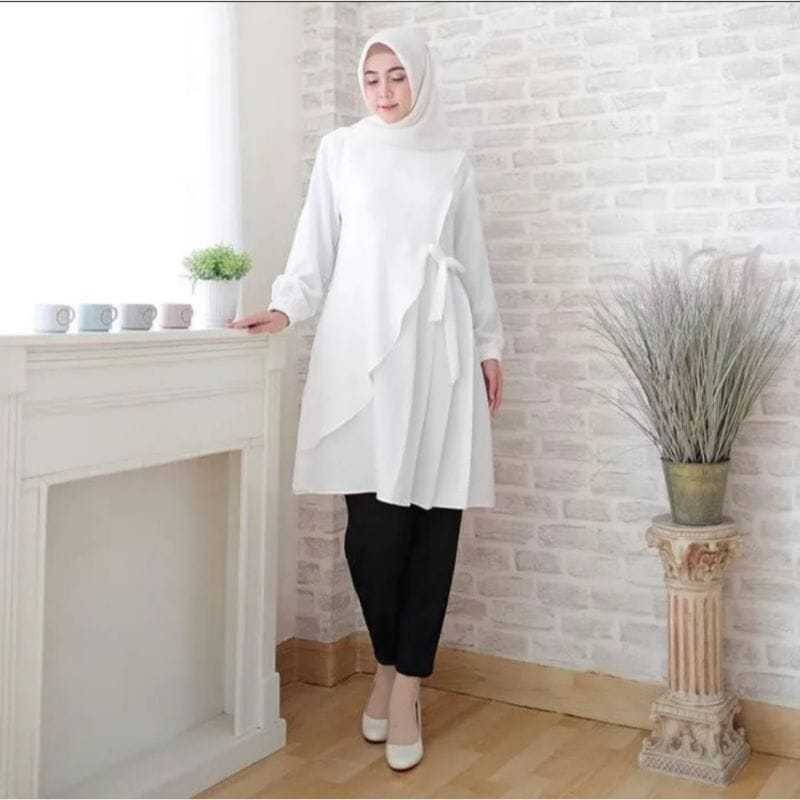 B1 Atasan Wanita Deva Tunik Putih Terbaru Baju Tunik Putih Crinkle Airflow Premium