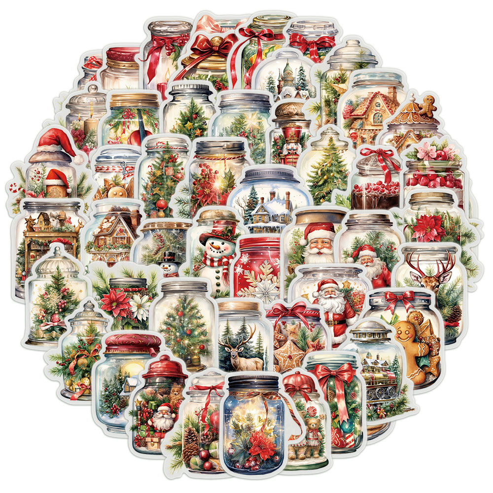 

50PCS Christmas Bottles Vintage Christmas Exquisite Cartoon Stickers Creative Handbooks Phone Cases Laptop Decorative Stickers