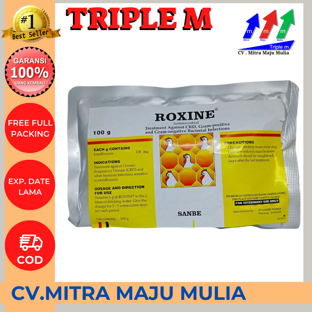 Roxine 100 gram Serbuk Antibiotik Ayam Broiler Layer CRD Collibasilosis dll PT Sanbe Farma