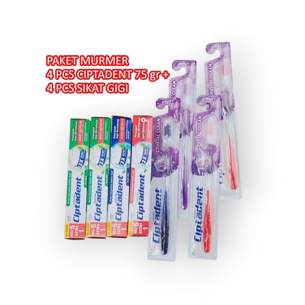 PAKET HEMAT 4 pcs Pasta Gigi CIPTADENT 75 gr + 4 Pcs Sikat Gigi CIPTADENT