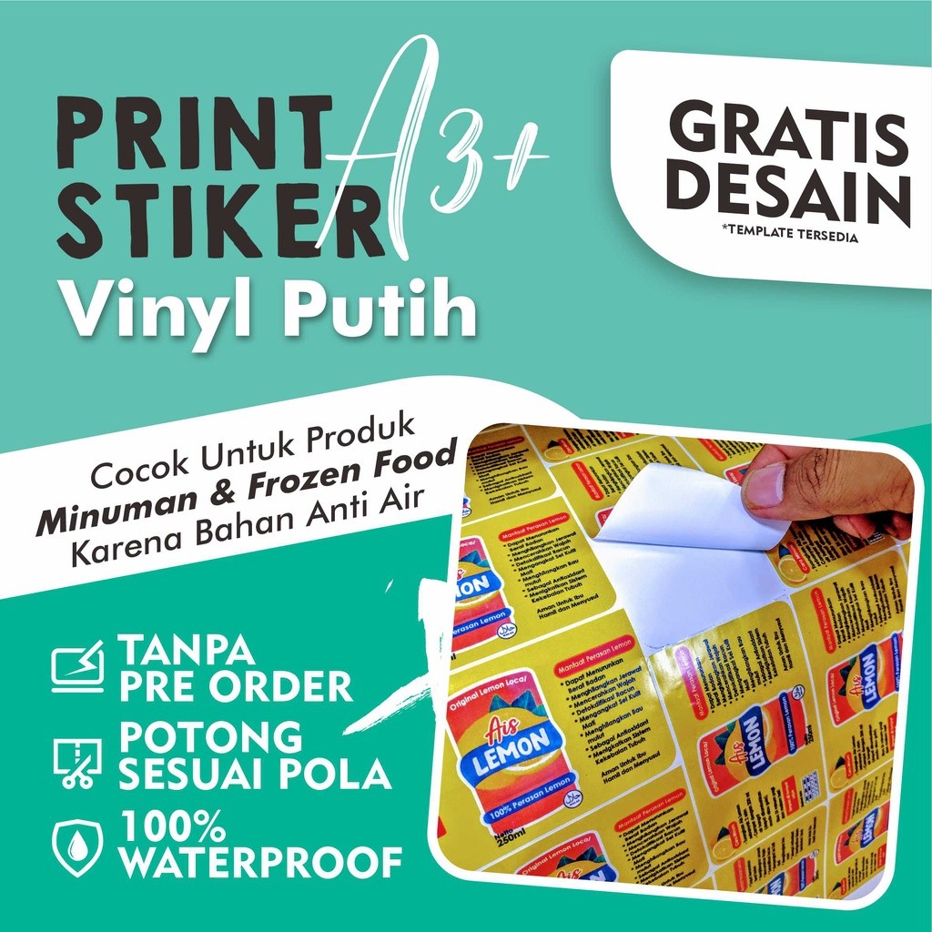

CETAK STIKER VINYL PUTIH A3+ LOGO KEMASAN BOTOL, TOPLES, KARDUS ANTI AIR WATERPROOF MURAH LAMINASI