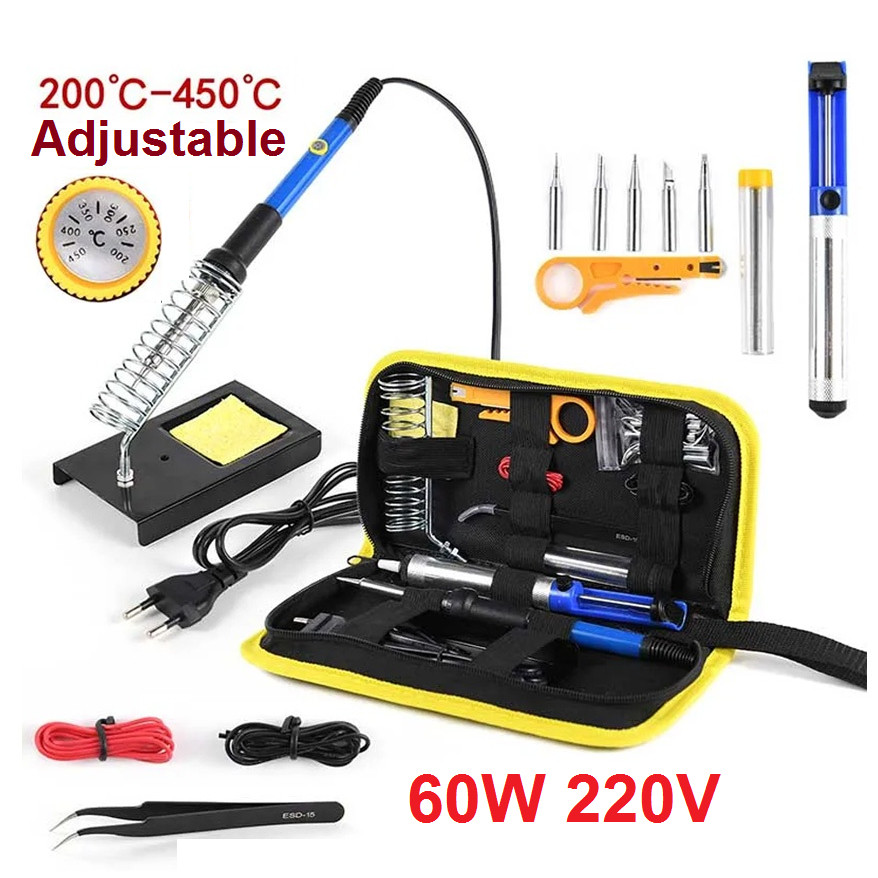 Solder Listrik Set Tas 15 Pcs Lengkap Iron Tool Kit 220V 60W Solder Listrik Murah Paket Penyedot Pen