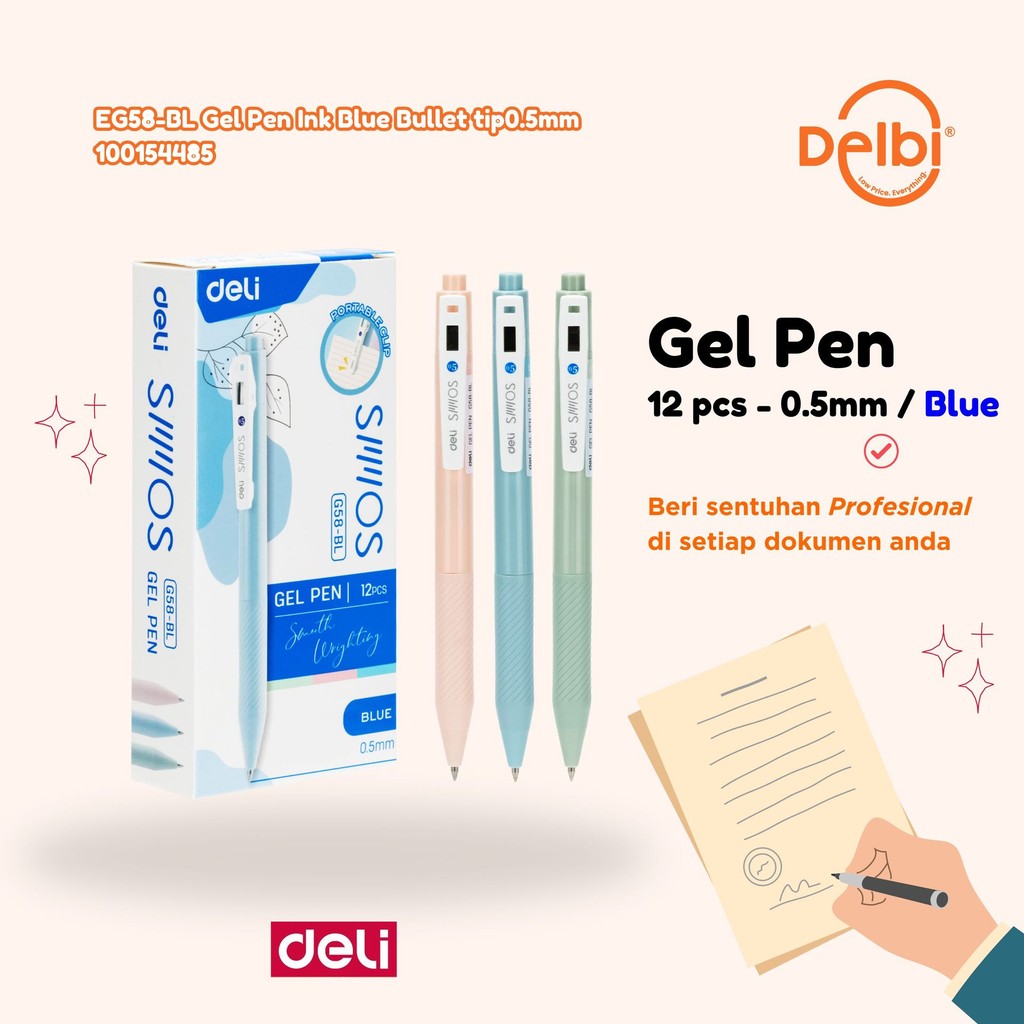 

Pulpen Gel Deli Smooth 0.5mm - G58 EG58-BL Gel Pen Ink Blue Bullet tip0.5mm