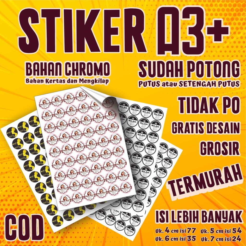 

Cetak stiker A3+ sudah potong untuk label makanan minuman skincare kosmetik komunitas MURAH / Potong Putus / Potong setengah putus