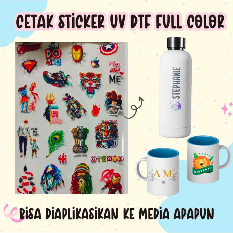 

STICKER UV DTF / UVDTF Decal Kering GAMBAR CUSTOM DESIGN SUKA-SUKA FULL COLOR WCMYK- Label nama, makananLabel Mug, Tumbler, Mobil, Motor, gelas, mangkok, makanan, minuman, komunitas, ukuran kecil TERMURAH, TANAP MINIMAL ORDER salsabila custom