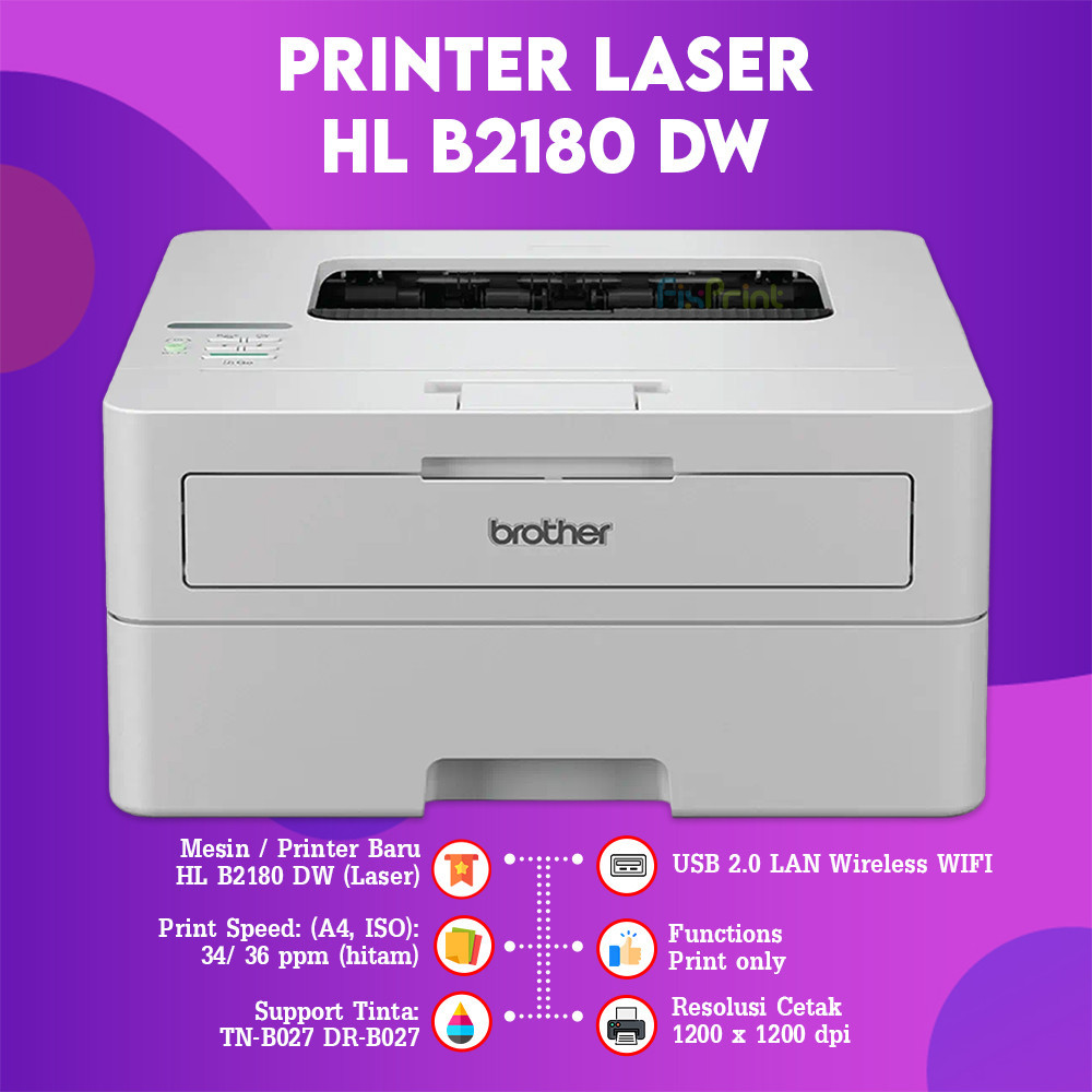 FixPrint Printer Laser Brother Monochrome HL-B2180DW A4 Single Function Wireless Duplex LAN Garansi 