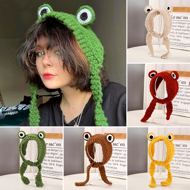 Cute Frog Knitted Hat Headgear Creative Funny Frog Hat For Adult Kids Winter Warm Hand Woven Ear Pro