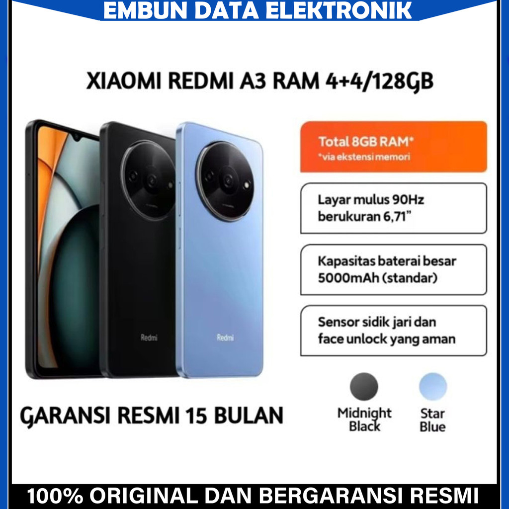 Xiaomi Redmi A3 Ram 4+4 GB | 128 GB Batere 5000 mah Garansi Resmi 15 Bulan Xiaomi Indonesia