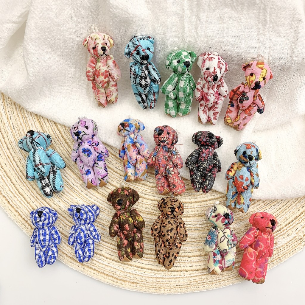 

10pcs Kawaii Small Teddy Bears Plush Toy 4-4.5cm Floral Pattern Mini Joint Bear Stuffed Animal Doll Girl Keychain Christmas Gift