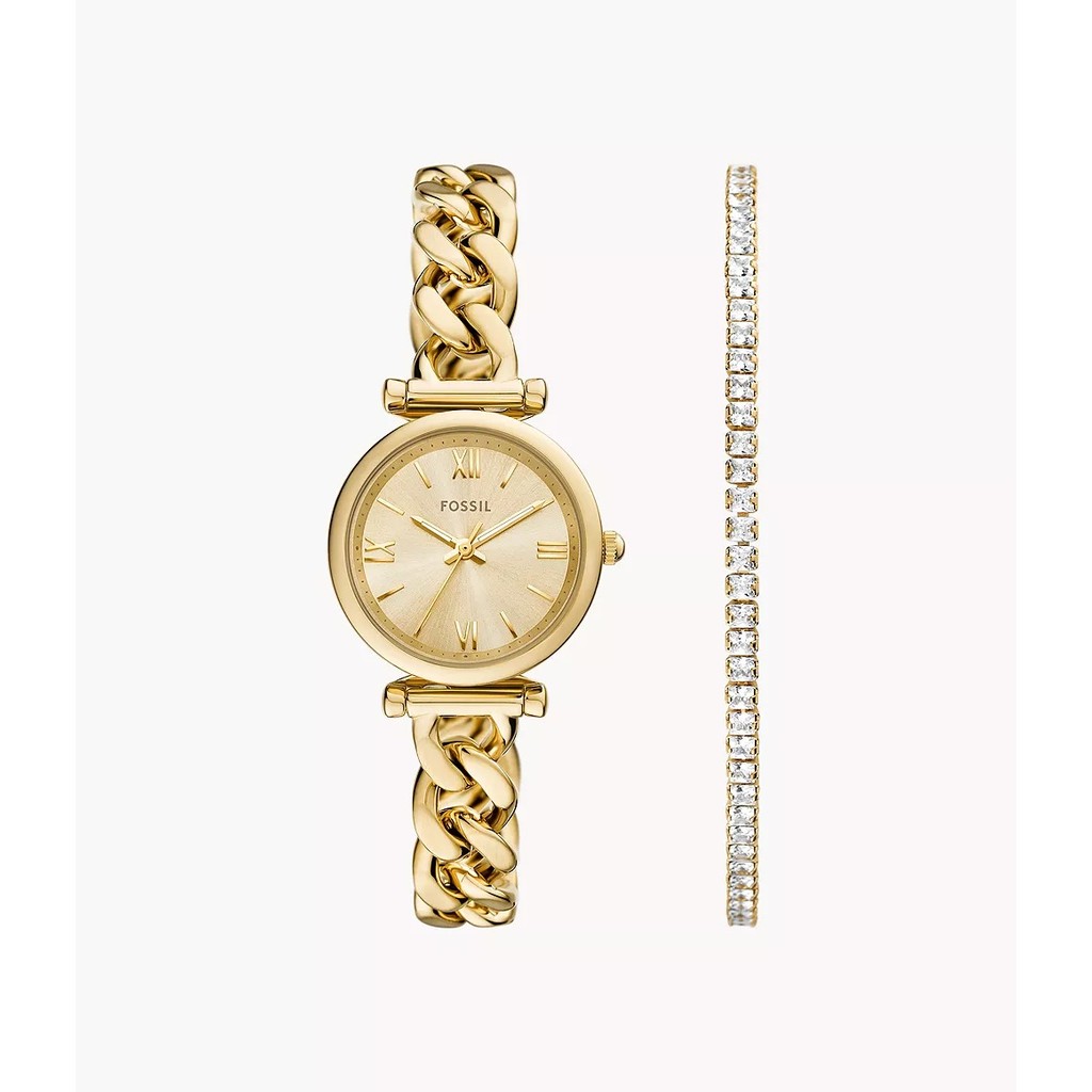 Fossil Carlie Three-Hand Gold-Tone Stainless Steel and Bracelet Set 28MM - Jam Wanita - ES5387SET