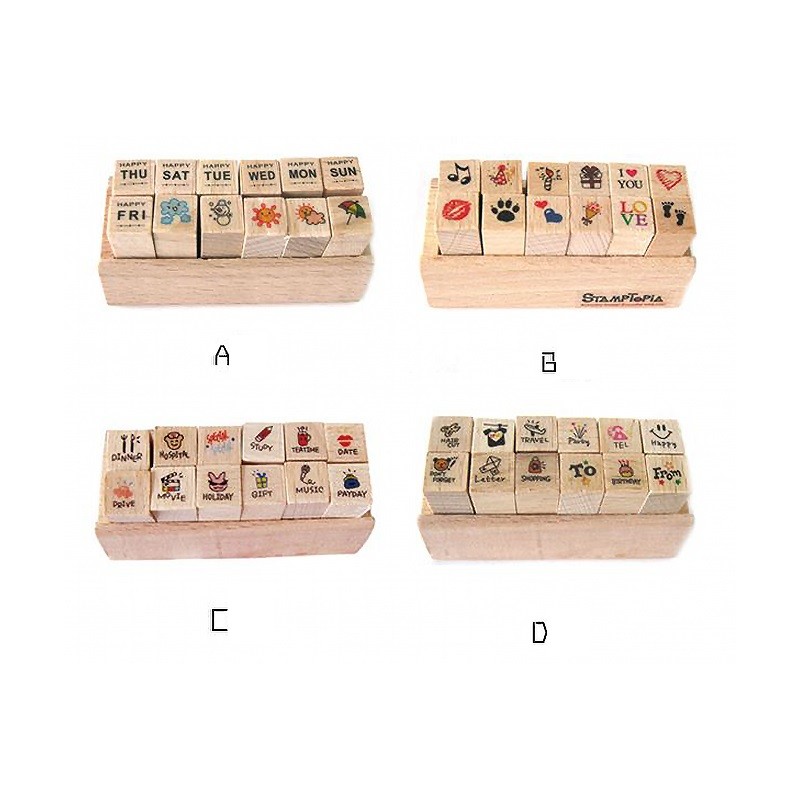 

12pcs/set 4 designs wooden stamp Cute Cartoon Pattern Set Happy Life Love & Travel Dairy Wooden Rubber Stamp DIY tool