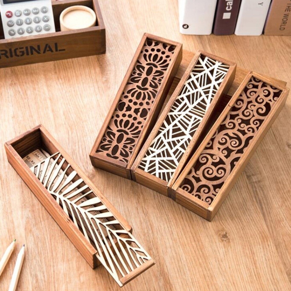 

Portable Retro Box Hollow Wood Pencil Case Storage Box Students Cute Wooden Pencil Box Multi Stationery Desk Storage Accessories