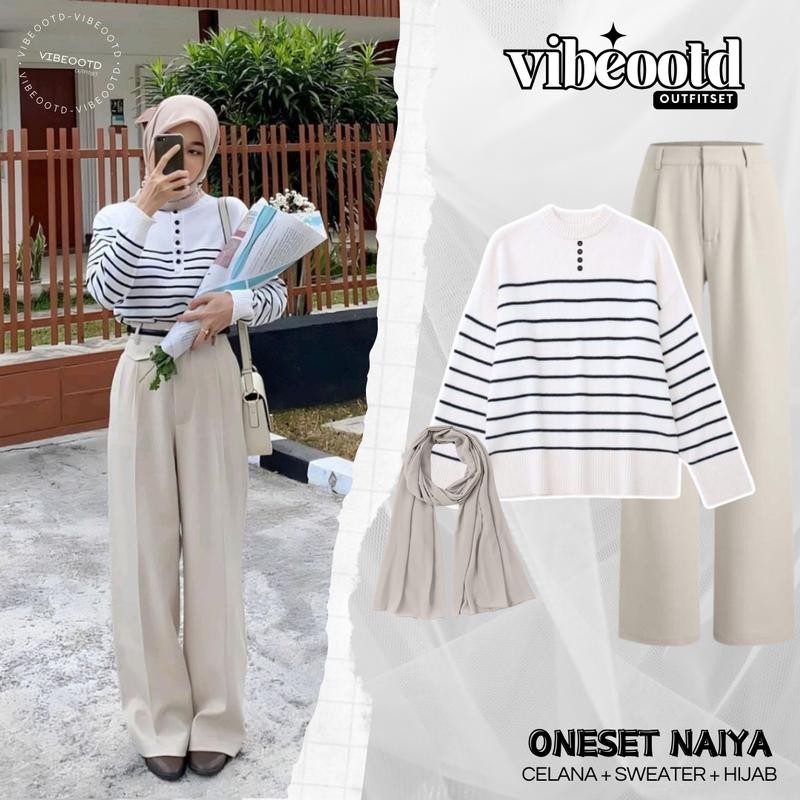Naiya Outfit Set Wanita Hijab ( Bawahan Celana Kulot Loose Pants + Baju Atasan Outer Sweater Stripe 