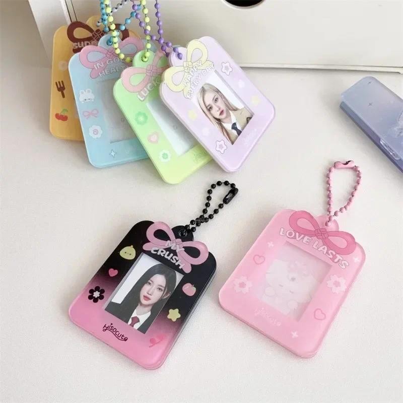 

1 Inch Acryl Transparent TKpop Photocard Holder with Pendant Sweet Cartoon Bow ID Card Protector Family Friend Photo Cover Case