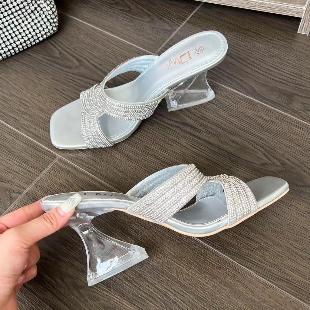 9cm Summer - Ready Korean - Style Women's Versatile Water Diamond Cross - Strap Thick Heel High Heel