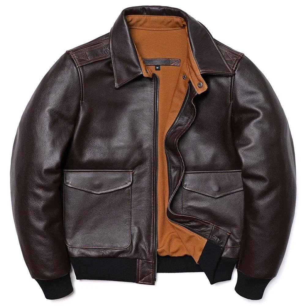 Classical A2 Style Genuine Leather Jacket Men's Air Force Natural Cowhide Coats Brown Calf Skin Clot