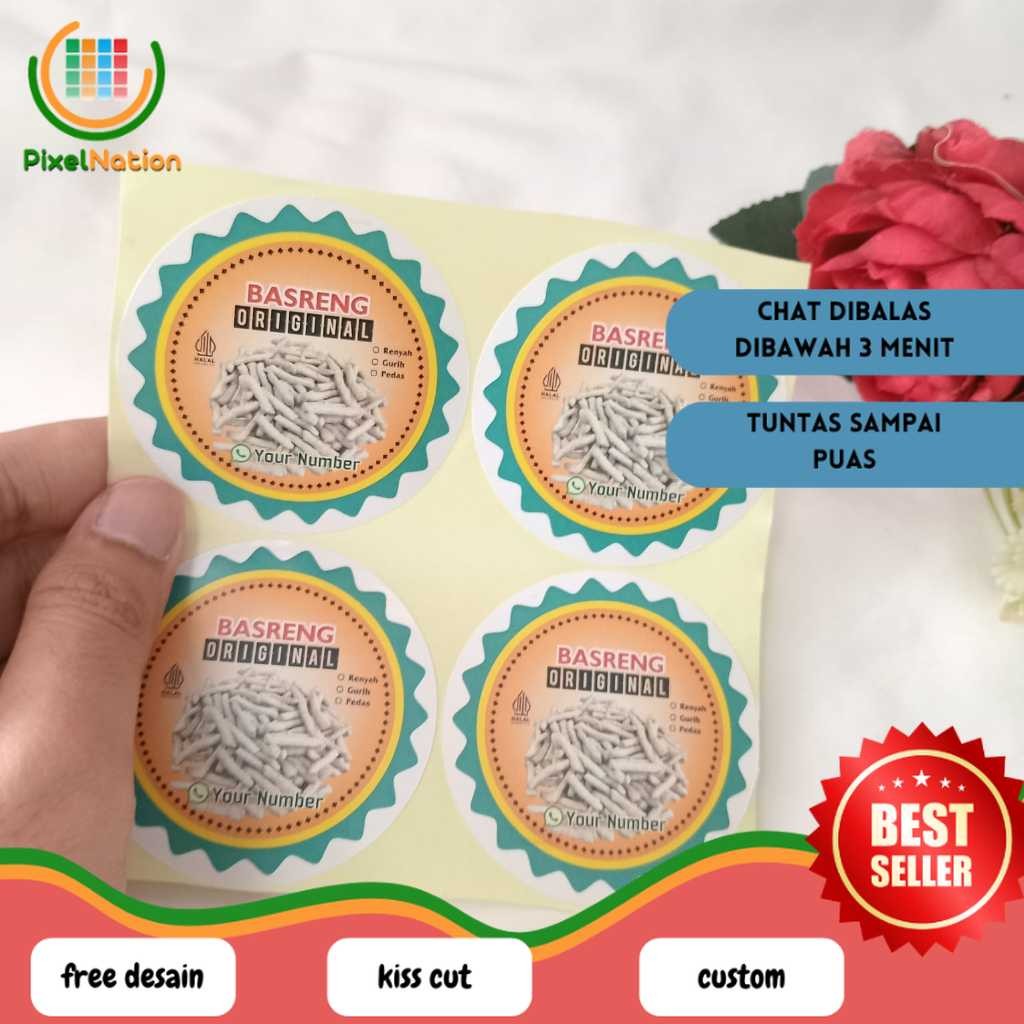 

PiNat 2-4 Sticker Makanan Cemilan Basreng Stiker Label Produk Jajanan Bulat Chromo Free Desain