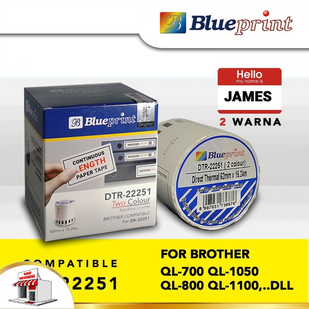 

Sticker Label Brother DTR-22251 2 Warna Blueprint 62 mm 15 meter DK-22251 Stiker Continuous Thermal