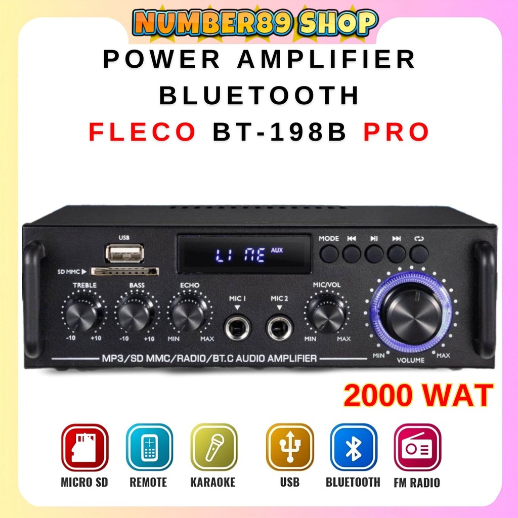 BONUS MIC 2 POWER AMPLIFIER WIRELESS KARAOKE FLECO BT-198A /198B PRO 2000 Wat Amplifier Audio Stereo