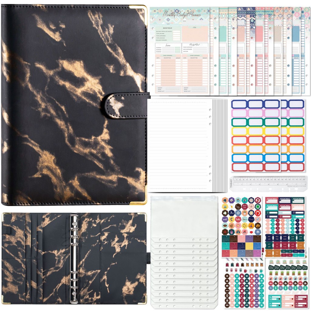 

A5 Binder Ledger Marbled Notebook Leather PU 6 hole Binder Cash Budget With Zip Bag 12 Budget card 12 pcs Inner Paper Line 45