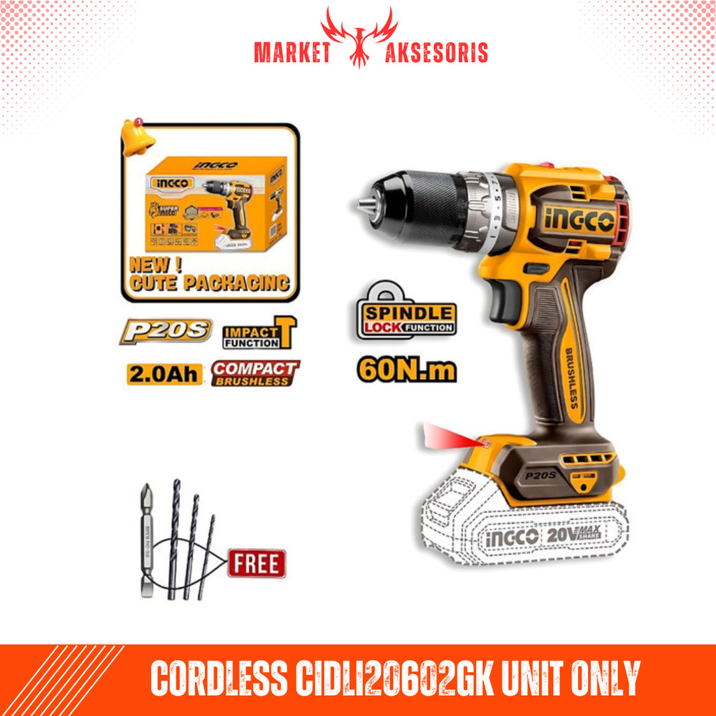 INGCO Cordless CIDLI20602GK UNIT ONLY BRUSHLESS 20V Mesin Bor Portable Impact Hammer Drill Bor Tembo