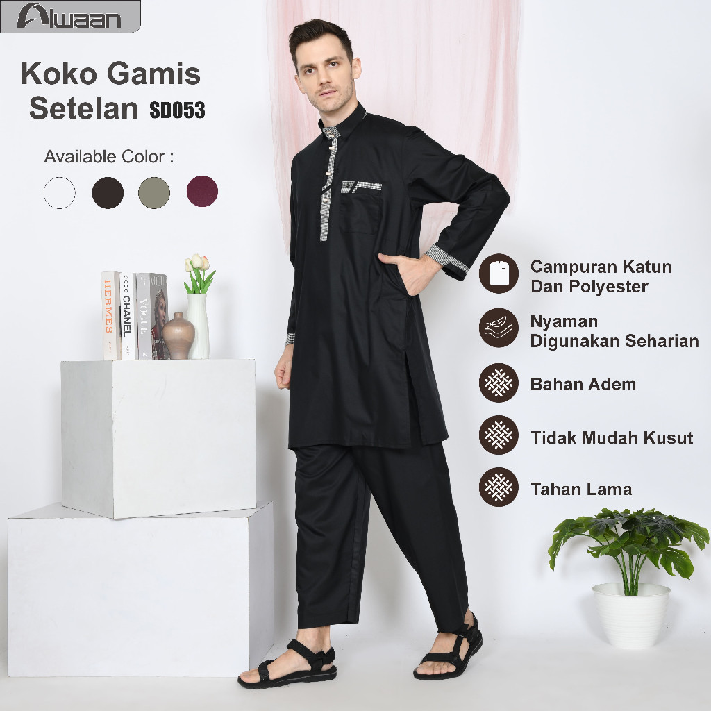 Gamis Baju Muslim Setelan Pakaian Pria Koko Atasan Dewasa Tangan Panjang Adem Modis Sd053 Alwaan