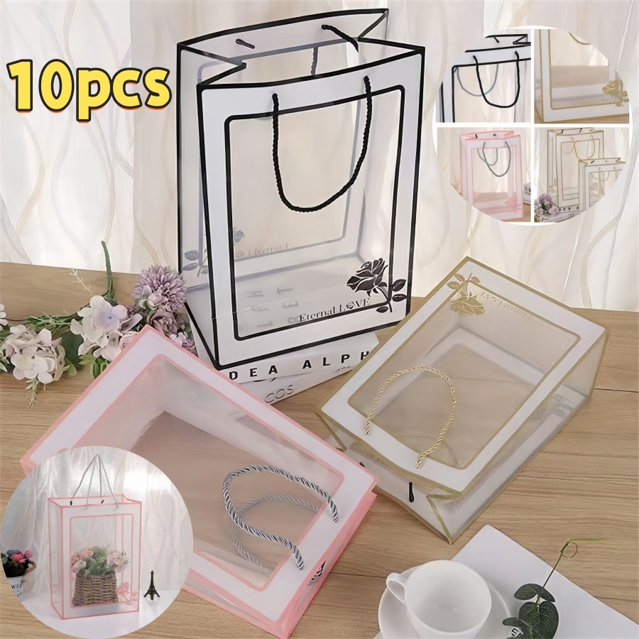 

10pcs Transparent Handbags Waterproof Portable Bags Large Capacity Woven Rope Rose Pattern Gift Bags Bouquet Packaging Bags