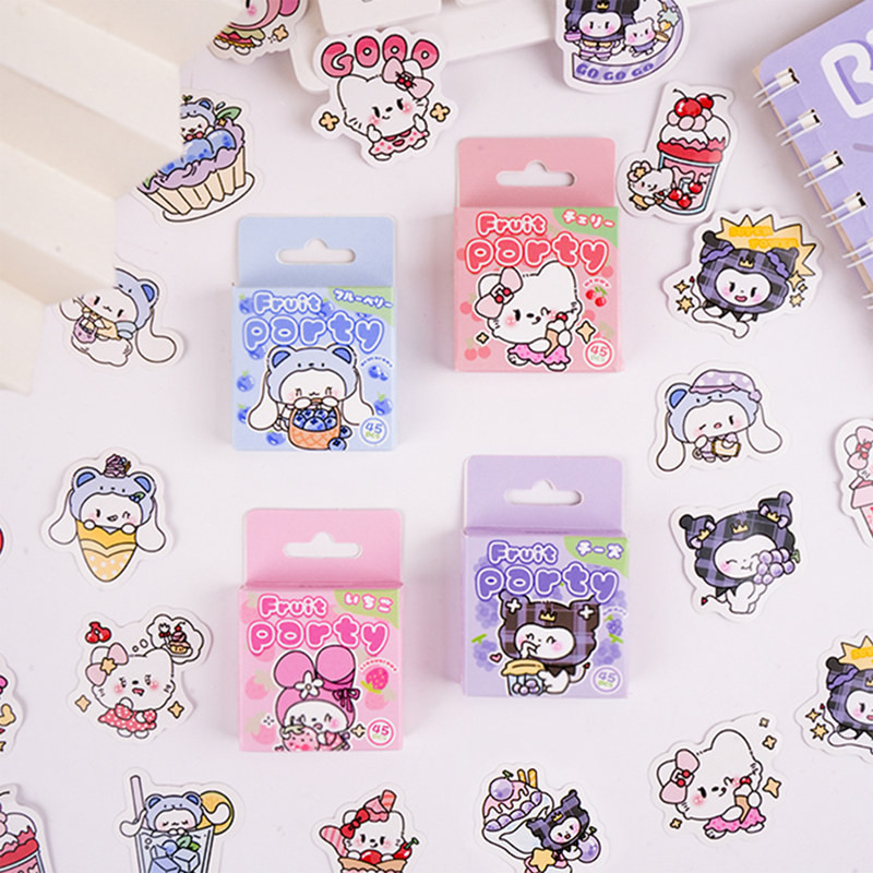 

4 Types Sanrio Cartoon Fruit Party Doll Stickers, DIY Mobile Skateboard Bicycle Notebook Decorative
