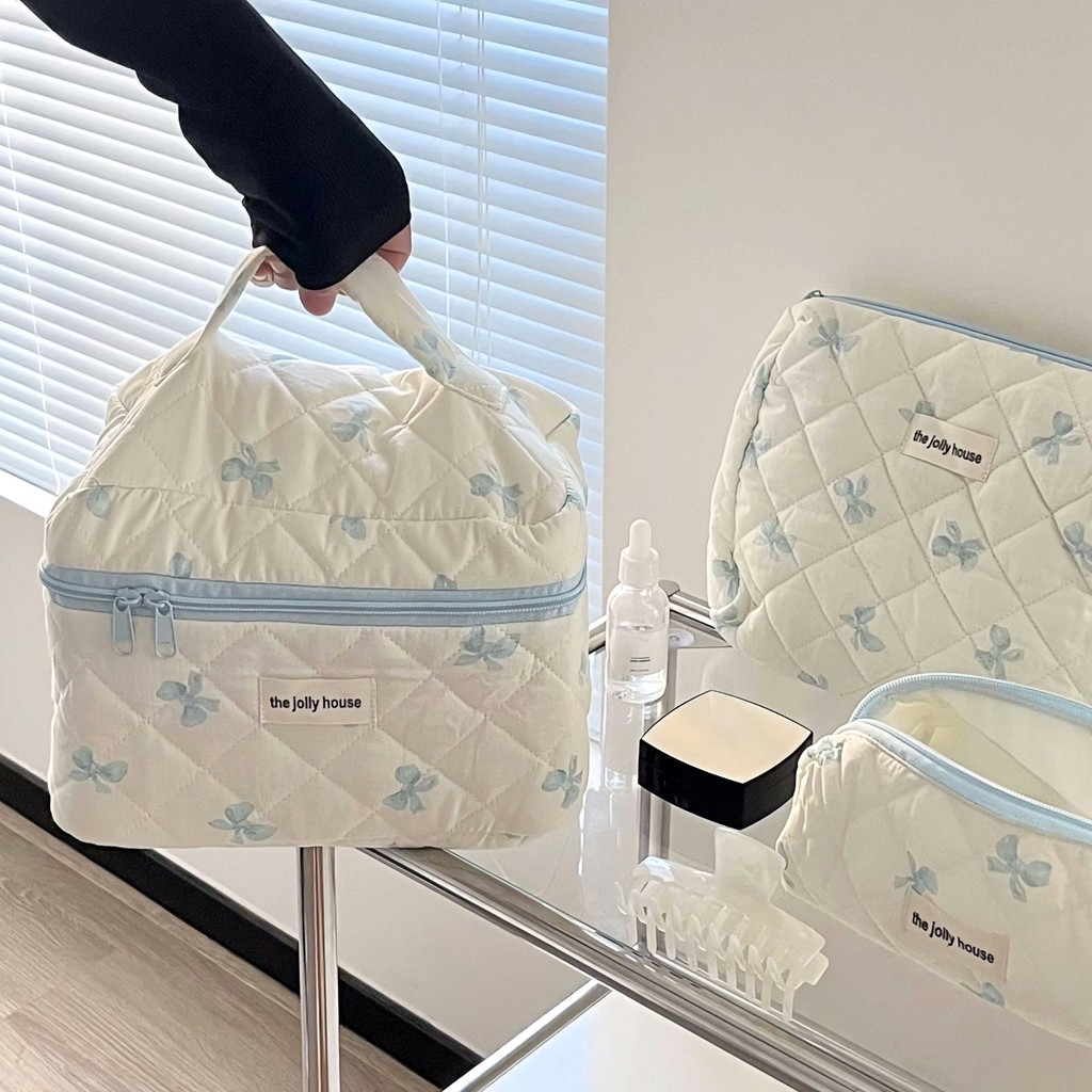 

3 Type INS Quilting Cotton Makeup Bag Girls Cosmetic Storage Bag Portable Travel Toiletry Handbag Female Zipper Makeup Pouch 파우치
