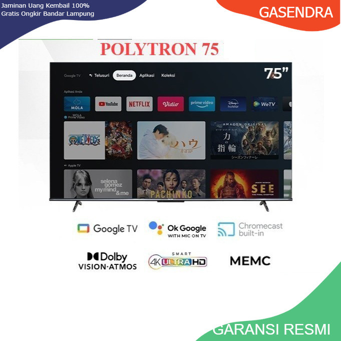 TV POLYTRON 75 INCH UHD 4K SMART GOOGLE TV 75INCH 75UG5959 GARANSI RESMI