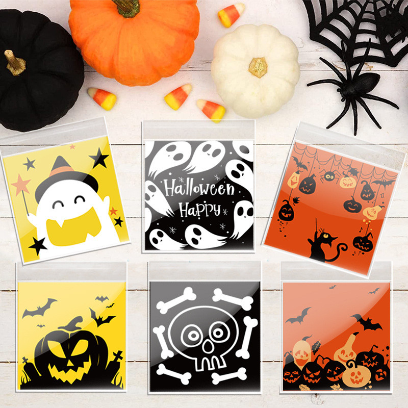 

100pcs Halloween Happy Candy Bag Cute Ghost Pumpkin Ghost Gift Biscuit Snacks Plastic Packaging Bag Halloween Party Decoration