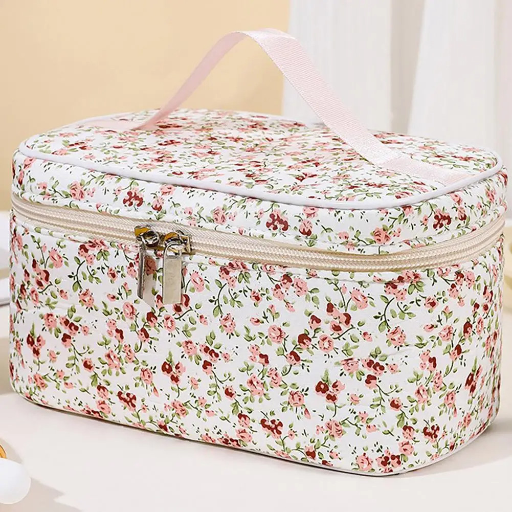 

Cotton Cosmetic Pouch Floral Pattern Capacity Cosmetic Bag Dual Zipper Makeup Organizer Portable Travel Storage Wash Bag