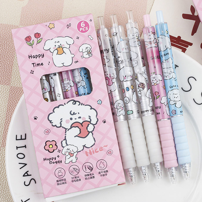 

❀SS❀ PEN GEL MEKANIK 1 SET ISI 6 PCS MOTIF PUPPY WARNA PASTEL DENGAN HANDLE SOFT TERMURAH