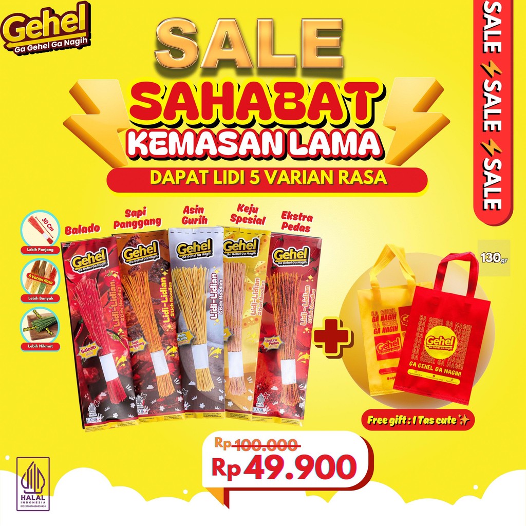 

(SALE KEMASAN LAMA) + Free 1 Tas BUNDLING SAHABAT Lidi Gehel 30 Cm (Balado, Sapi Panggang, Keju Spesial, Ekstra Pedas) Makanan Ringan Food Snack