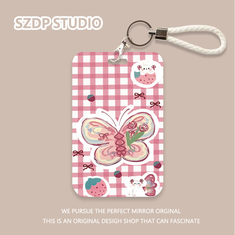 

ID CARD Penutup pelindung gantungan kunci terintegrasi kawaii lucu pola kupu-kupu kotak-kotak merah muda kartun Korea penutup pelindung kartu bank penutup pelindung kartu bus kartu ID