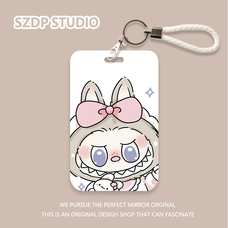 

ID CARD penutup pelindung gantungan kunci all-in-one, kartun kawaii lucu pita merah muda pola Labubu, penutup pelindung kartu bank kartun Korea, penutup pelindung kartu ID kartu bus