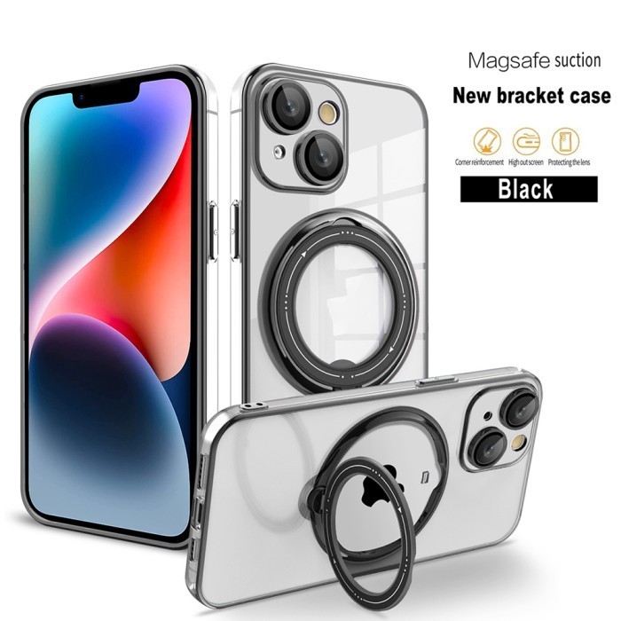 Magsefe Case iPhone 15 14 Plus Magnetic Kick Stand 360 Ring Silicone Clear Transparant Pelindung Kam