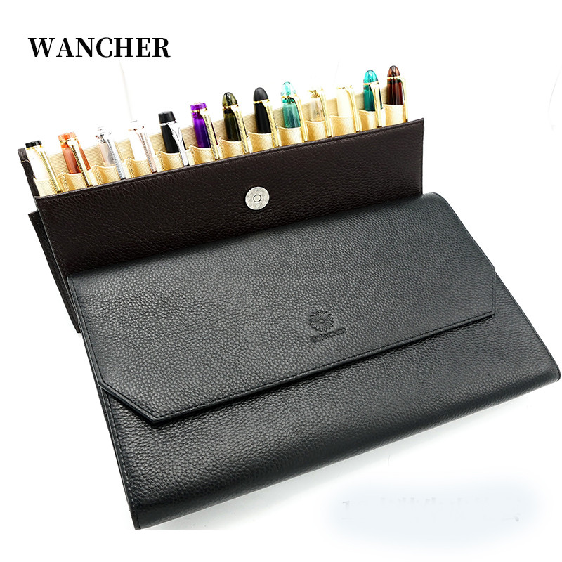 

Wancher Pencil Bag Genuine Leather Fountain Pen Case Cowhide High-Capacity 13 Pens Holder Pouch Sleeve Best Seller