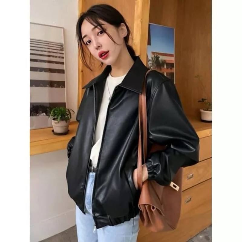 Jacket Kulit Bomber Kerah Wanita Jaket Bomber Kulit Kerah Casual