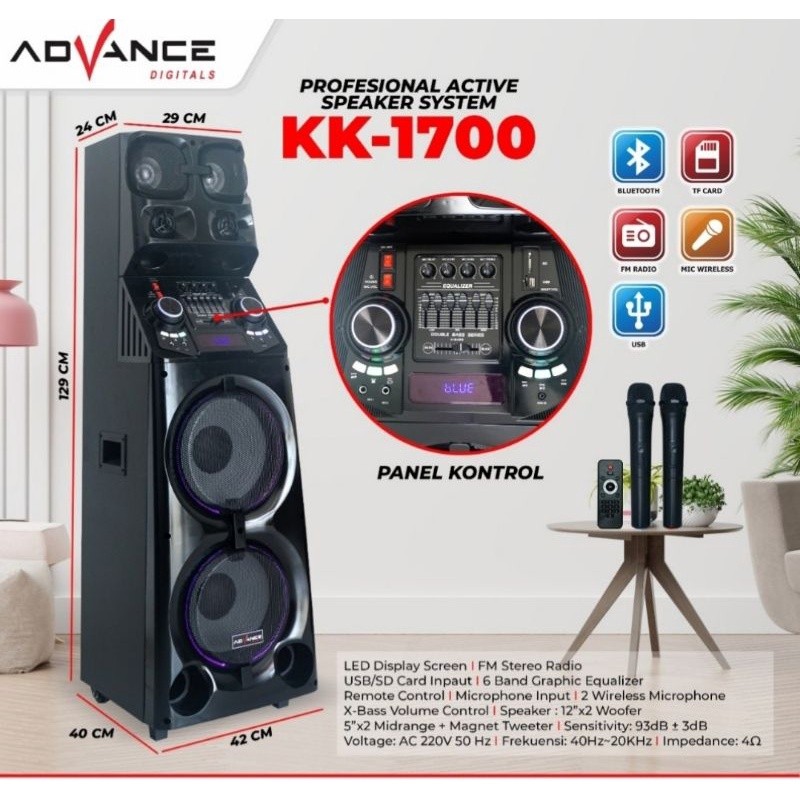 Advance KK-1700 Profesional Active Speaker System 12 Inch Double + 5 Inch Dual Midrange Free 2 Mic W