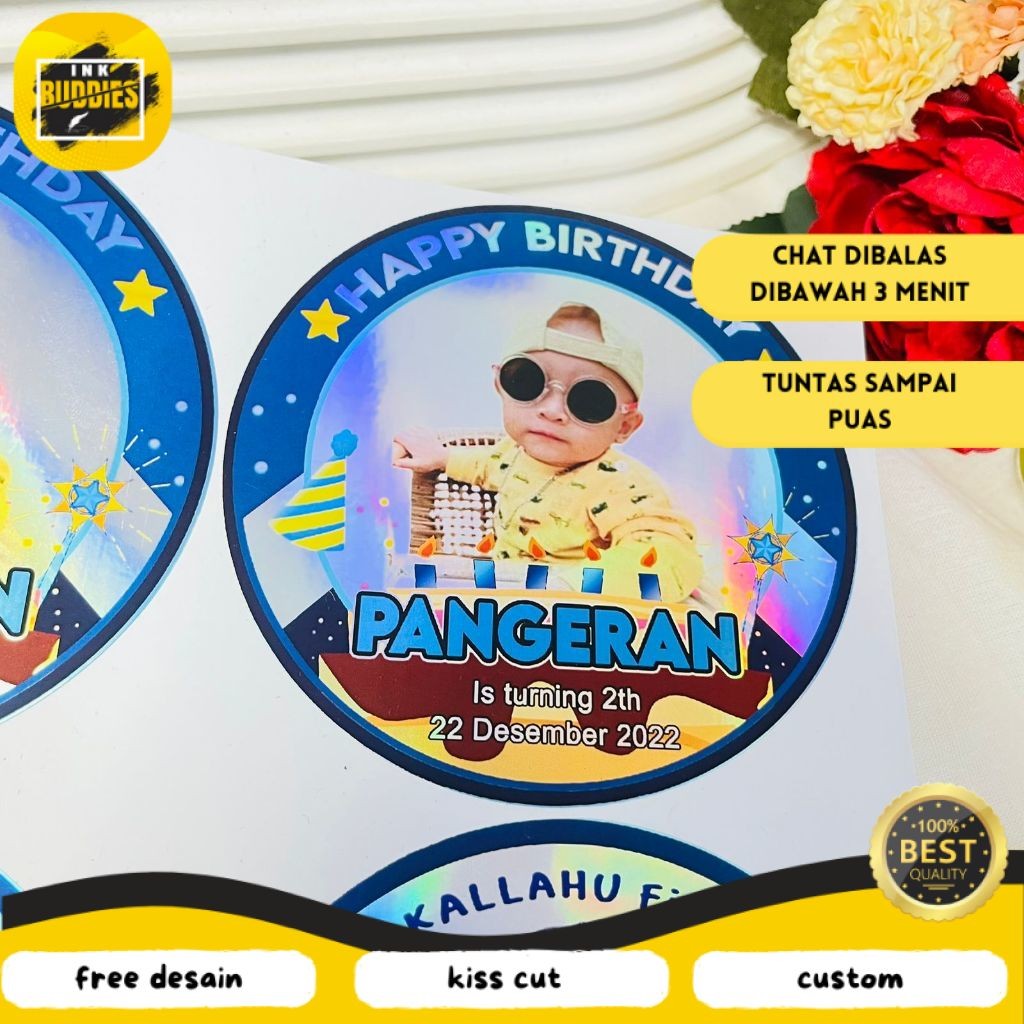 

INB Sticker Bulat Hologram Ulang Tahun Stiker Label Undangan Happy Birthday Kecil Free Desain