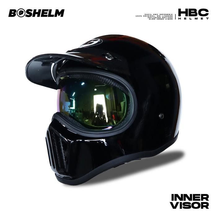 Terlaris -Helm Cakil HBC SOLID Inner Visor Helm Retro Full Face SNI - ARMY GLOSSY