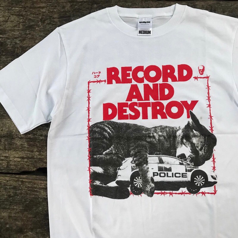 Tshirt GRIMLOC - RECORD AND DESTROY Catcop White Cotton combad 24s Tebal unisex