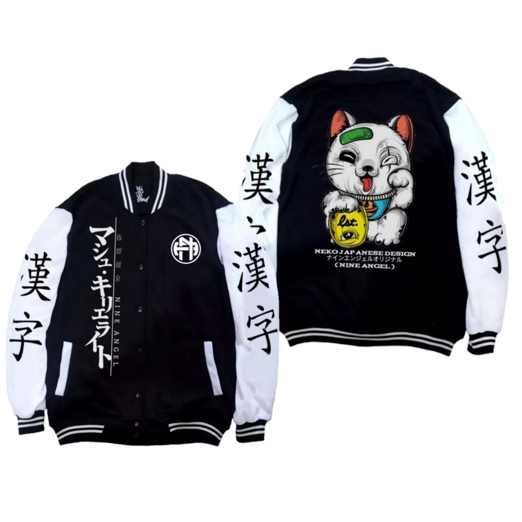 MAKEYOUSHOP Jaket Sukajan Baseball Kucing Neko / Jaket Baseball Sukajan Jepang Anime Cosplay Pria Wa