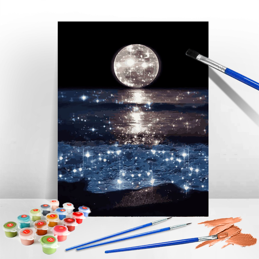 

MomoArt Oil Painting Moon DIY Coloring Kit Seaside Painting By Numbers Landscape Canvas No Frame Home Decor