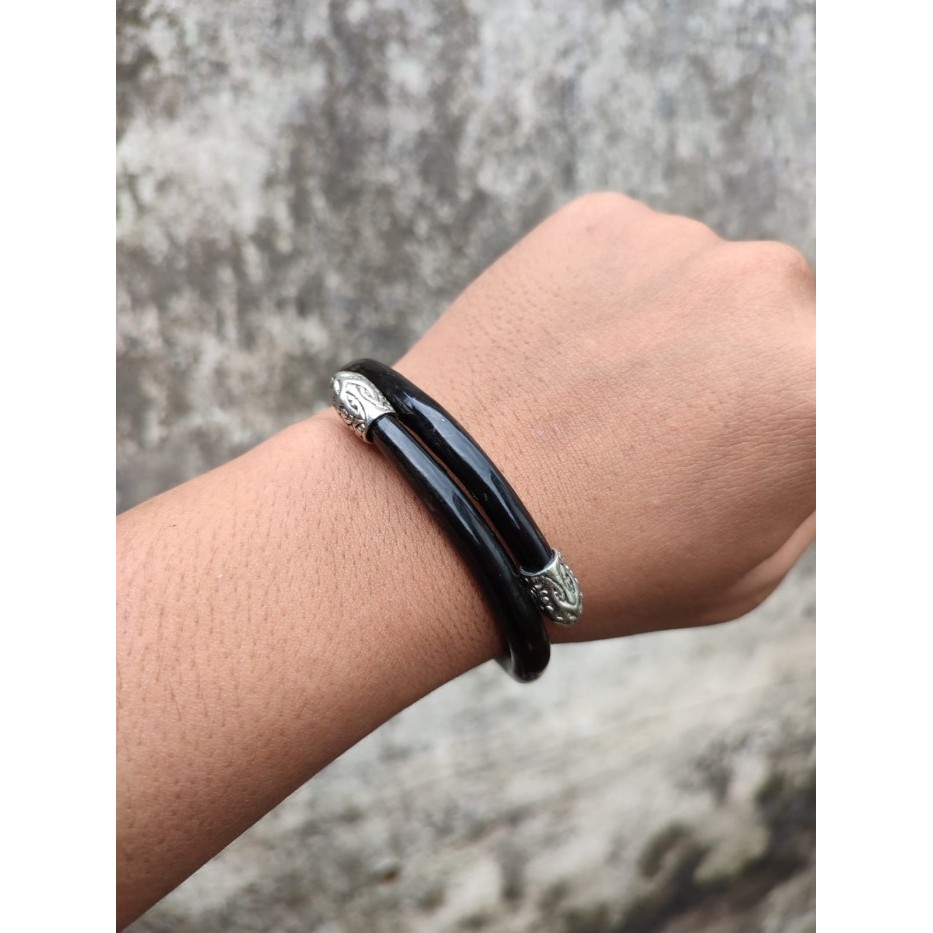 "VN.KIA" - DISKON Gelang Pria Akar Bahar Asli Tali Arus Warna Hitam Variasi Alpaka - Putih, 18 cm