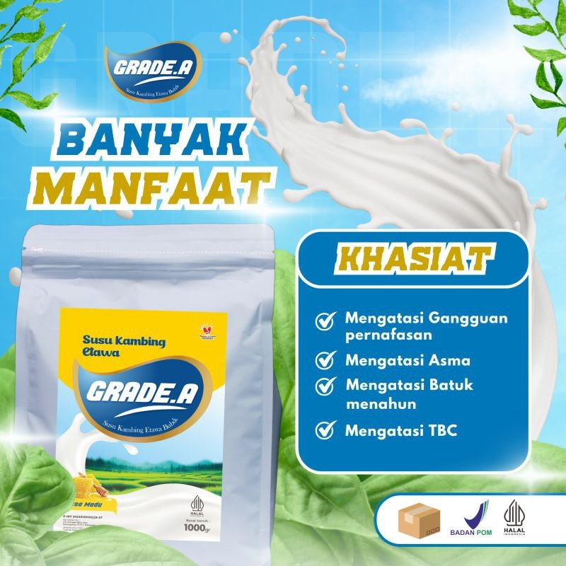 

Grade.A Susu Kambing Etawa Bubuk Ukuran 1000gr/500gr/200gr Rasa Madu